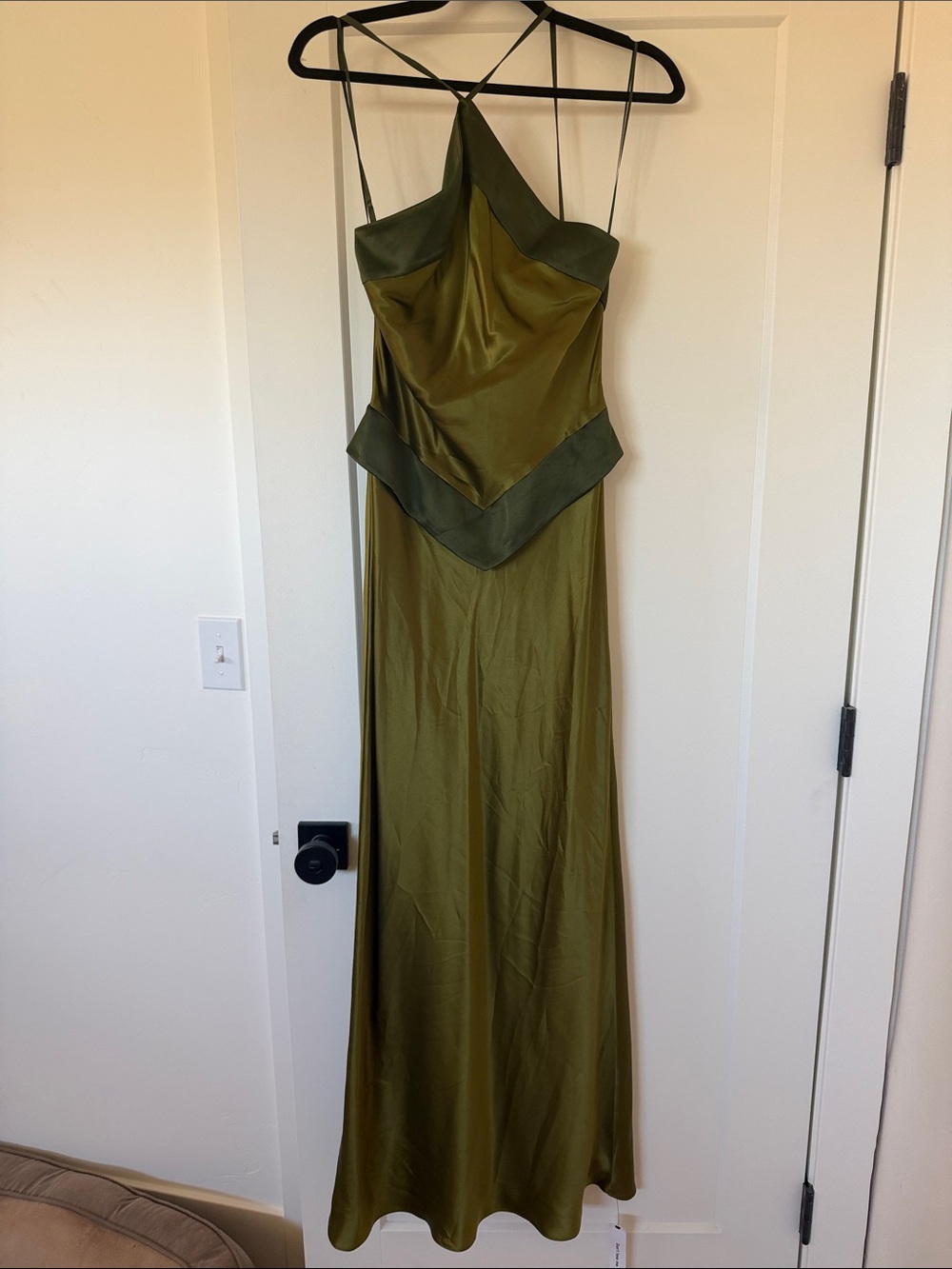 Reformation Olive Satin Slip Maxi Dress with Folded Waist Panel